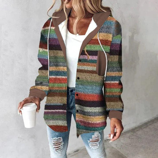 Women’s Hooded Cardigan – Knitted Wool Feel – Relaxed Fit – Button-Down – Striped Pattern