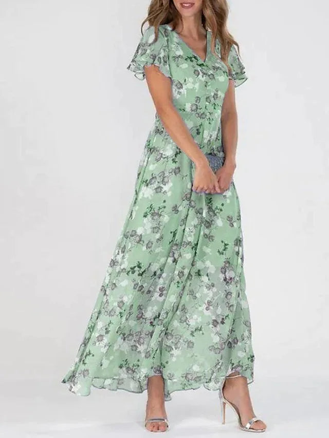 Women's Maxi Dress - Floral Print - Short Flutter Sleeve - V-Neck Flowy Elegant Fit
