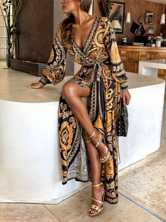 Women’s Maxi Dress – Wrap Style – V-Neck – Bohemian Print – Tie Waist – Long Sleeve