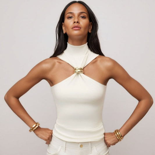 Women’s Tank Top – Slim Fit Halter Style – Soft Knit with Front Metal Ring