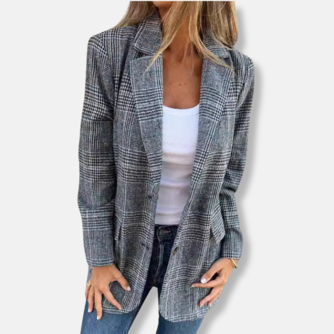 Women’s Cardigan Jacket – Wool Blend – Relaxed Fit – Houndstooth – Lapel Collar
