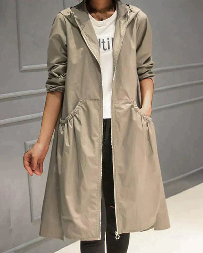 Women’s Waterproof Jacket – Relaxed Fit – Knee Length – Hooded – Zip Front – Pocketed