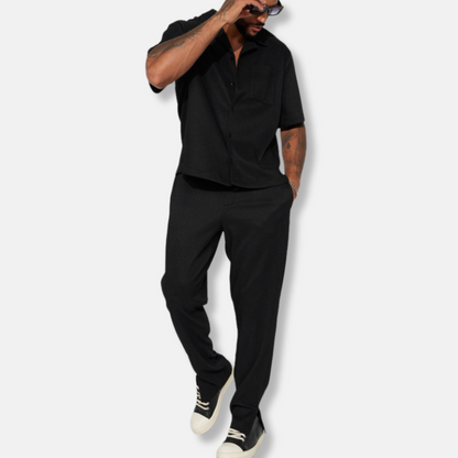 Men’s Casual Set – Relaxed Fit – Short Sleeve Collared Shirt – Full-Length Pants – Breathable Blend