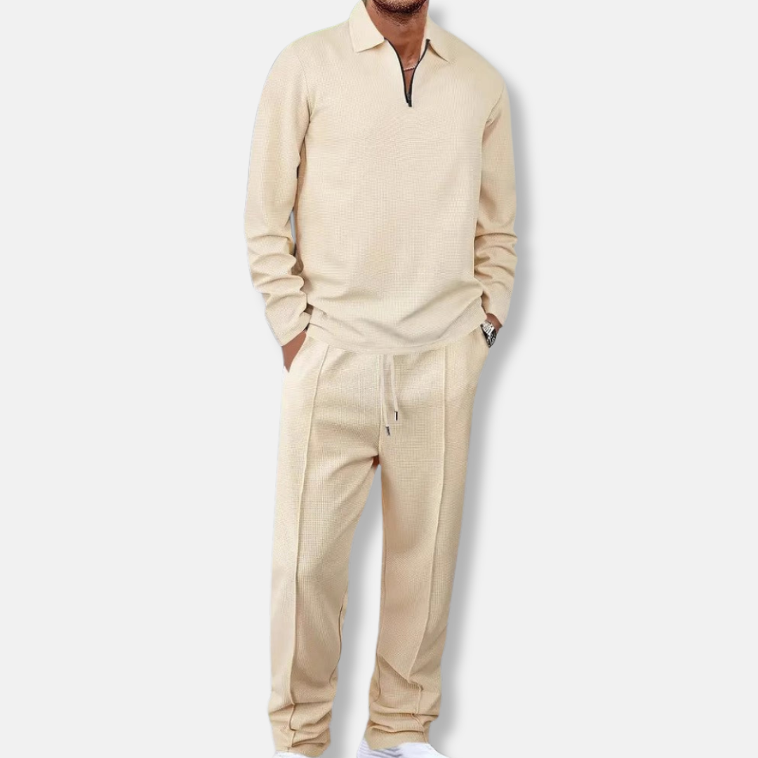 Men’s Sport Set – Slim Fit Knit – Quarter-Zip Polo Top – Tapered Ankle Pants