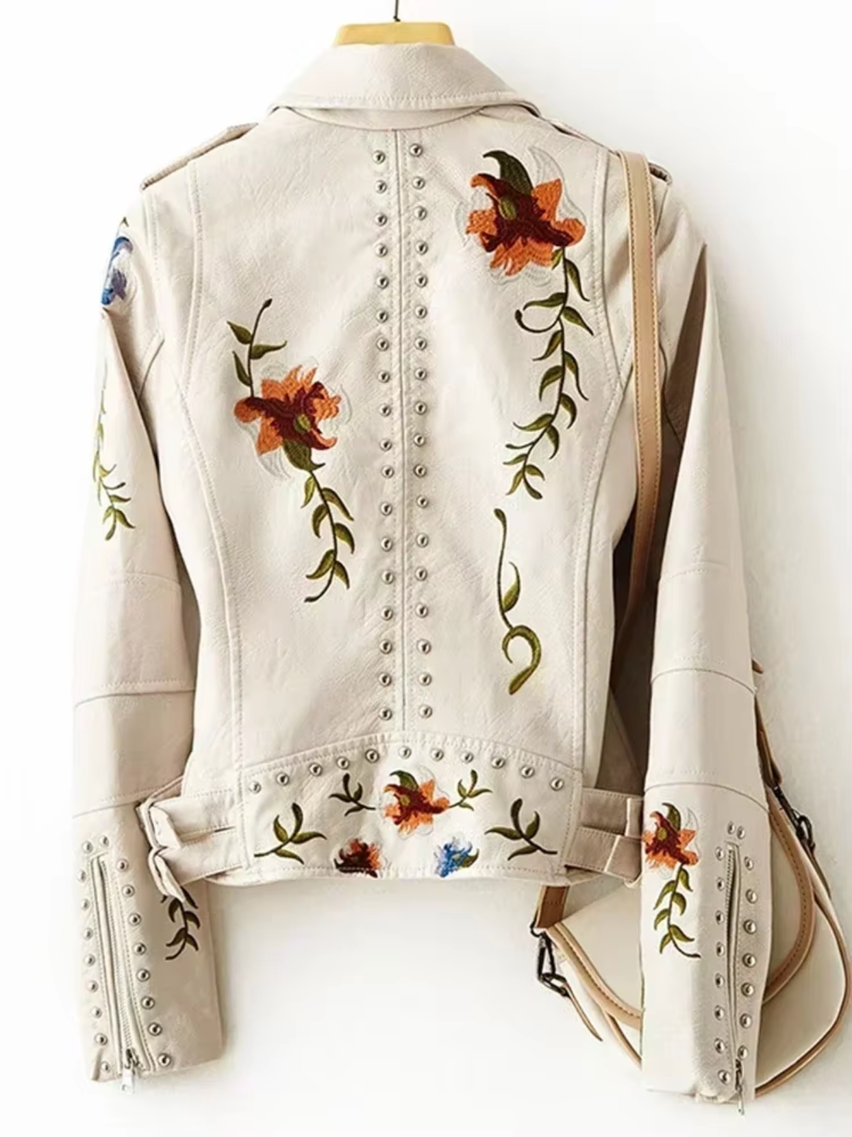 Veronica Leather Biker Jacket | Floral Embroidery Studded Jacket