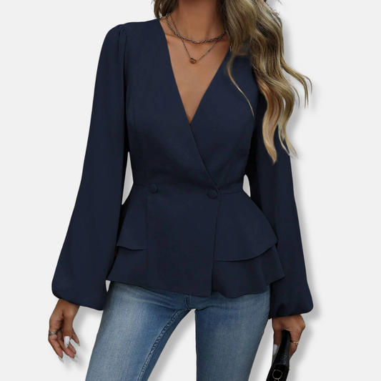 Women’s Blouse – Slim Fit – Wrap Front – Double-Breasted – Bishop Sleeve Peplum