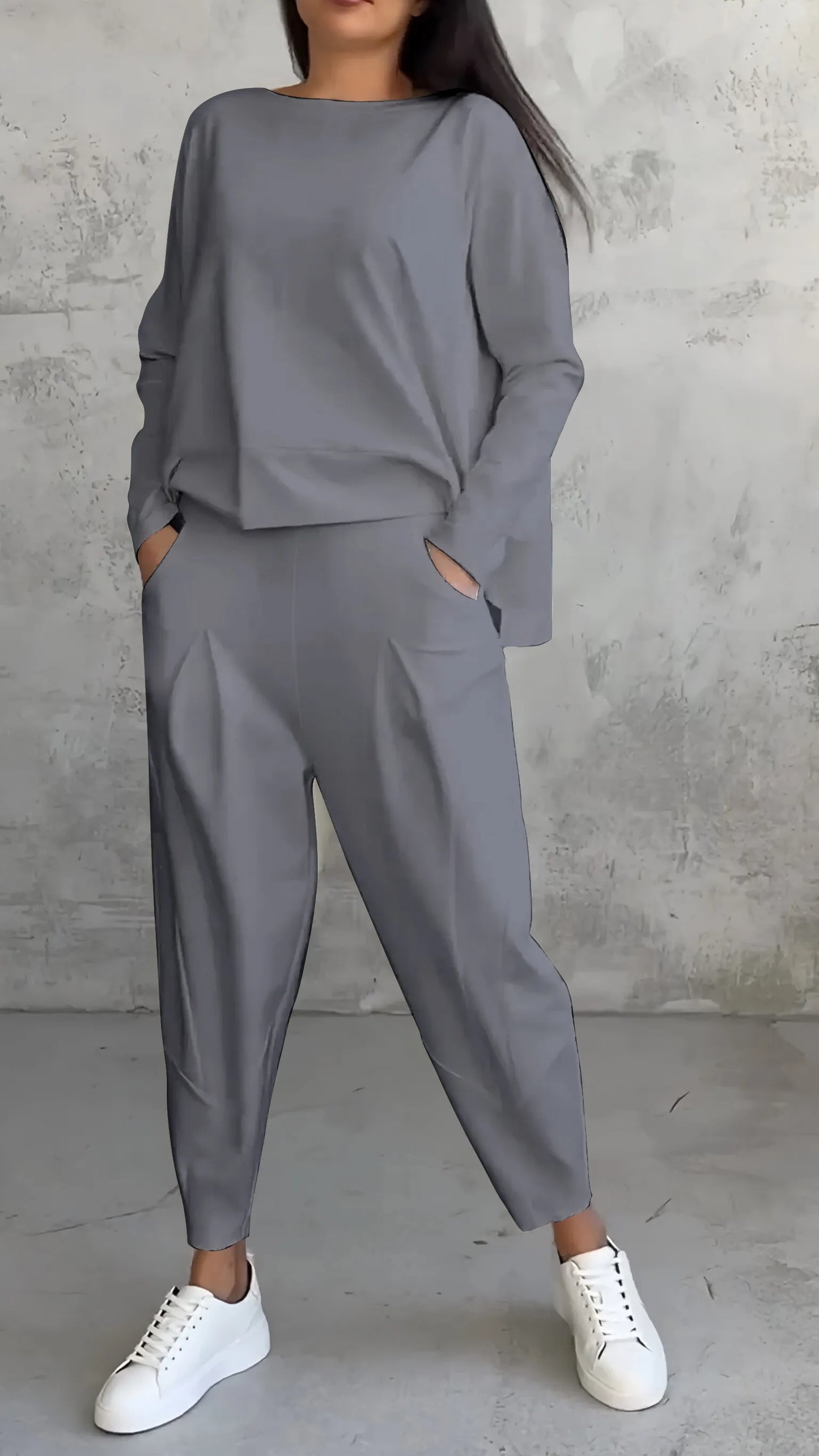 Women’s Two-Piece Set – Relaxed Fit – Long Sleeve Top – Tapered Harem Pants – Breathable Cotton