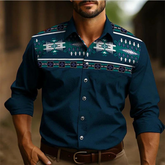 Men’s Button-Down Shirt – Tailored Fit – Long Sleeve – Retro Pattern – Breathable Blend