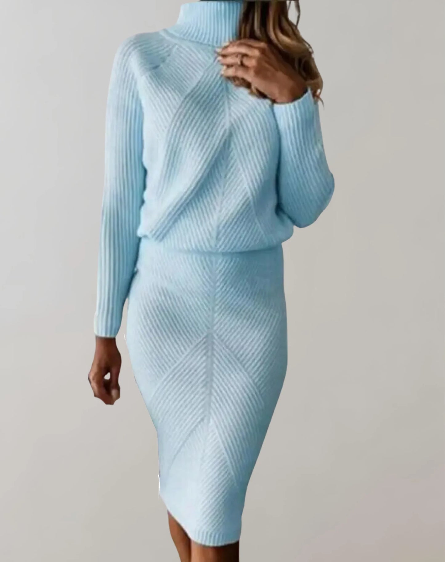 Women’s Two-Piece Set – Ribbed Knit Slim Fit – Turtleneck Top and Midi Skirt