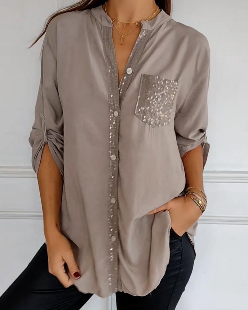 Women’s Blouse – Relaxed Fit – Sequin Placket and Pocket – Long Sleeve – Breathable Fabric