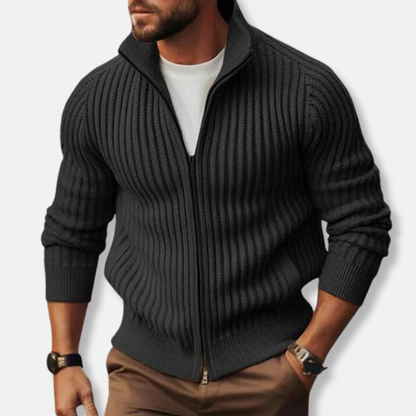 Rocco Stand Collar Ribbed Cardigan Sweater | Full Zip Pockets Sweater
