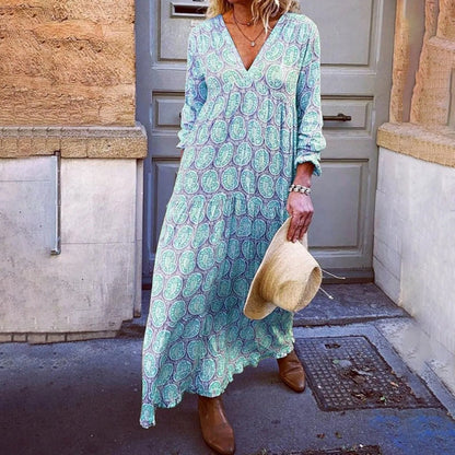 Women’s Maxi Dress – Geometric Print – V-Neck – Long Sleeve – Relaxed Fit – Breathable Blend