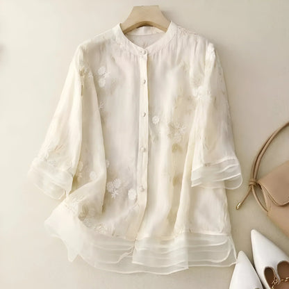 Women’s Blouse – Relaxed Fit – Embroidered – Button-Down – 3/4 Sleeve – Natural Fibers