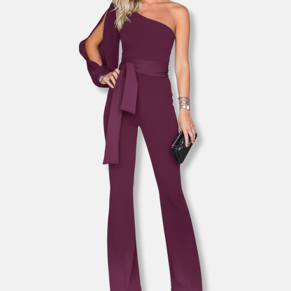 Women’s One-Shoulder Jumpsuit – Slim Fit – Flared Leg – Belted Waist – Luxury Fabric