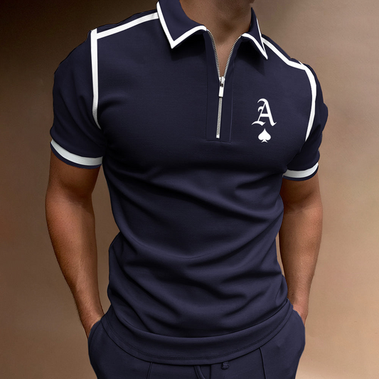 Men’s Polo Shirt – Slim Fit – Zipper Collar – Breathable Blend – Sporty Piping