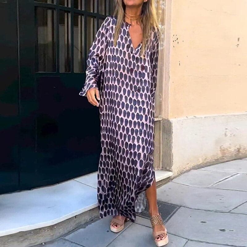 Women’s Maxi Dress – Flowing Fit – V-Neck – Long Sleeve – Side Slits – Breathable Blend
