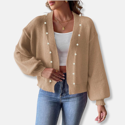 Women’s Cardigan – Cropped Knit Fit – Pearl Beaded Open Front – Balloon Sleeves