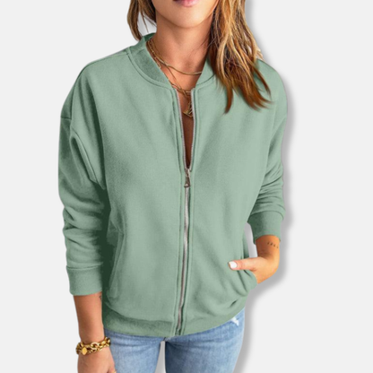 Women's Bomber Jacket - Soft Knit - Relaxed Fit - Zip Closure - Ribbed Cuffs