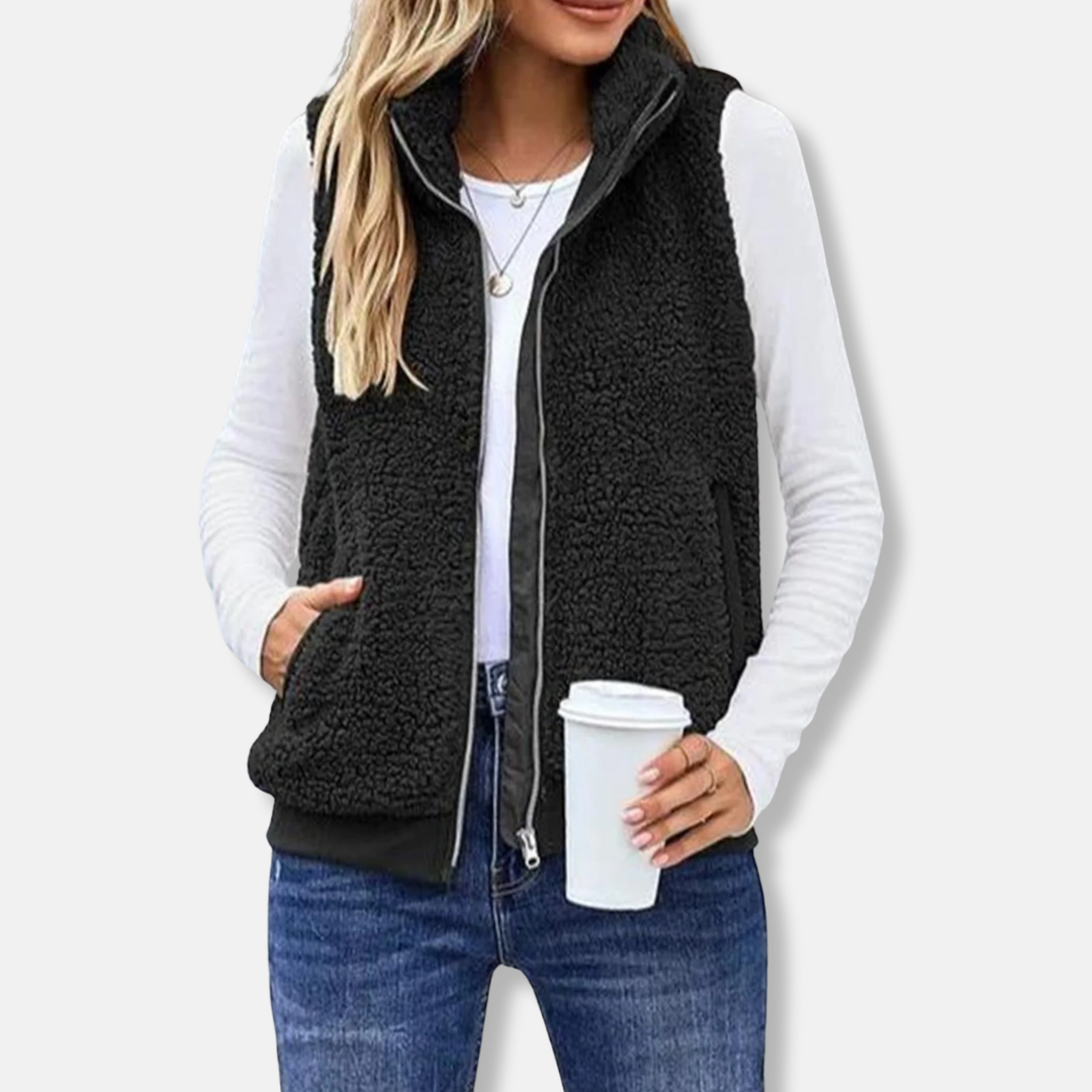 Women’s Sleeveless Jacket – Plush Fuzzy Texture – Relaxed Fit – Zip Front High Collar