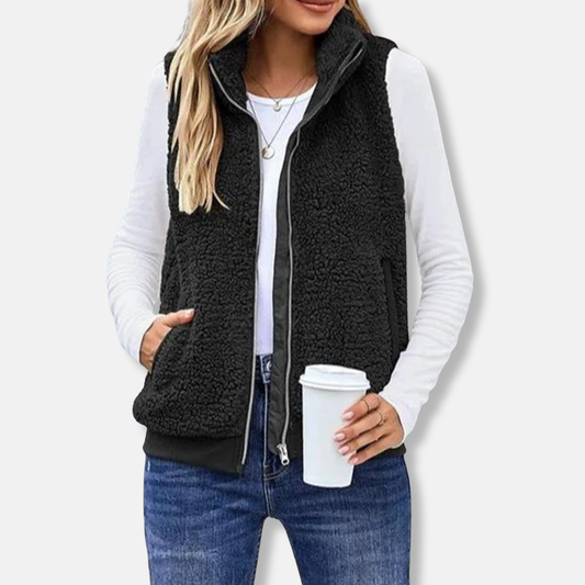 Women’s Sleeveless Jacket – Plush Fuzzy Texture – Relaxed Fit – Zip Front High Collar