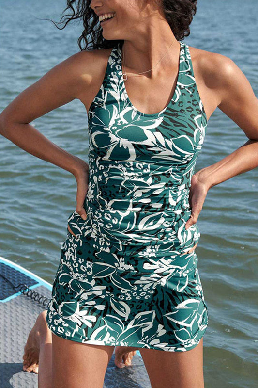 Women’s Tankini Set – Slim Fit – High Neck – Wide Straps – Floral Print – Breathable Blend