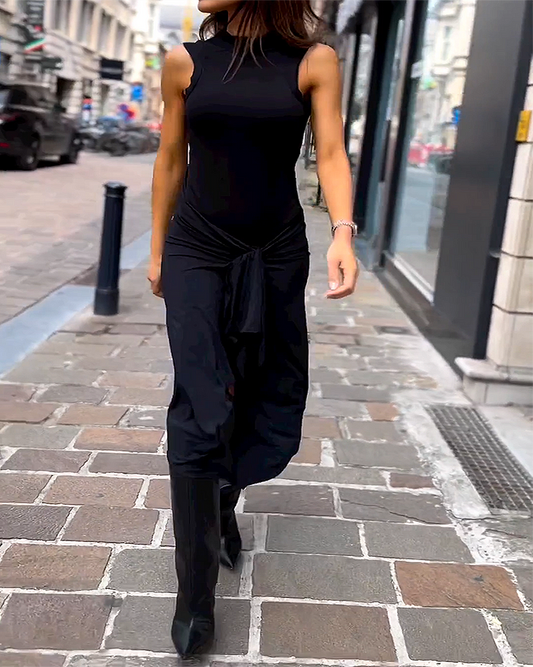 Women's Sleeveless Jumpsuit - High Neck - Wide Leg Wrap Tie Waist Elegant Fit