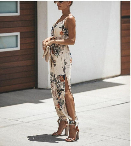 Women’s Jumpsuit – Loose Fit – Spaghetti Straps – High Slit – Breathable Blend