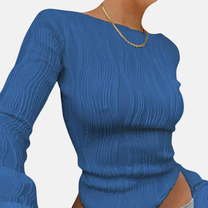 Women’s Long Sleeve Top - Sheer Stretch Knit - Cropped Length - Wide Boat Neckline