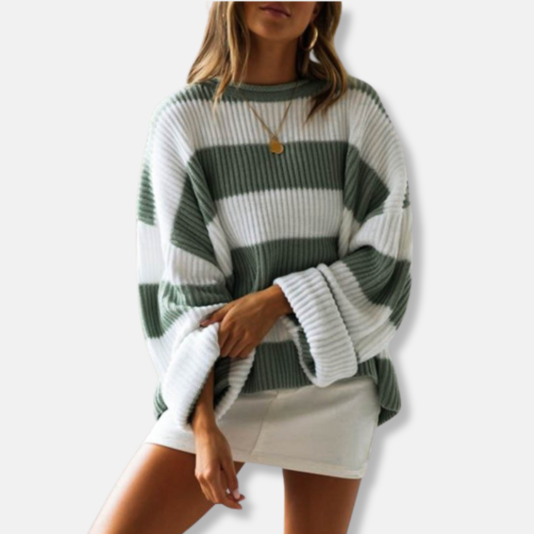 Olivia Cotton Oversized Sweater | Striped Ribbed Crewneck Sweater