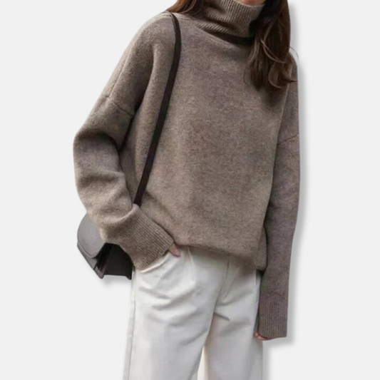 Women’s Turtleneck Sweater – Wool Blend – Relaxed Fit – Ribbed Hem – Hip Length