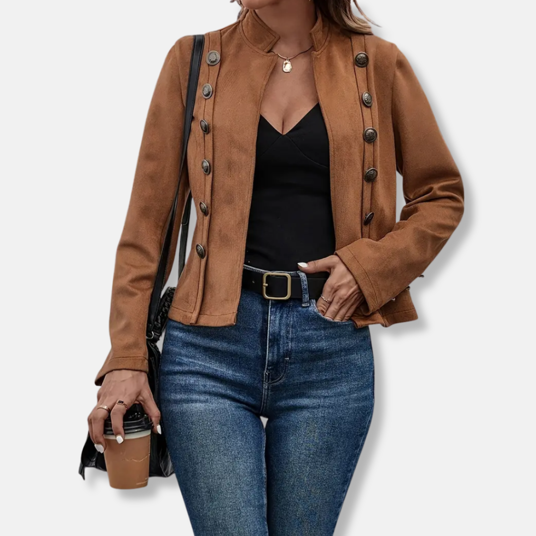 Women’s Cropped Jacket – Slim Fit – Double-Breasted – Mandarin Collar – Wool Blend