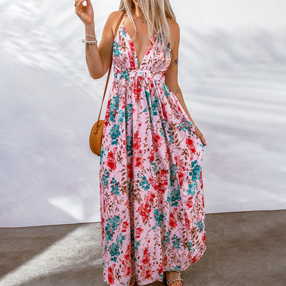 Women’s Maxi Dress – Floral Print – Breathable Blend – Deep V-Neck – Flowy Fit