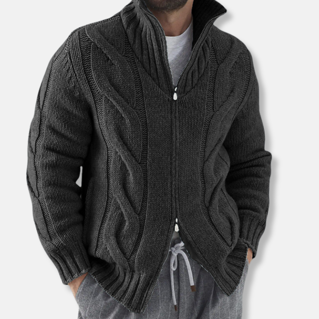 Harry Relaxed Fit Zip Cardigan | High Neck Cable Knit Men’s Zip Cardigan