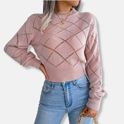 Women’s Knitted Sweatshirt – Cropped Fit – Cotton Blend – Openwork Diamond Pattern