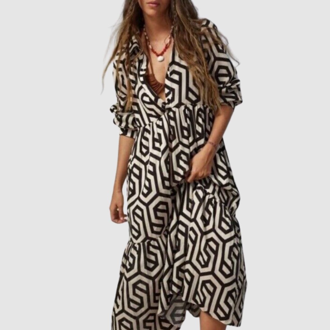 Women’s Midi Dress – Relaxed Fit – Tiered Silhouette – Geometric Print – Cotton Feel