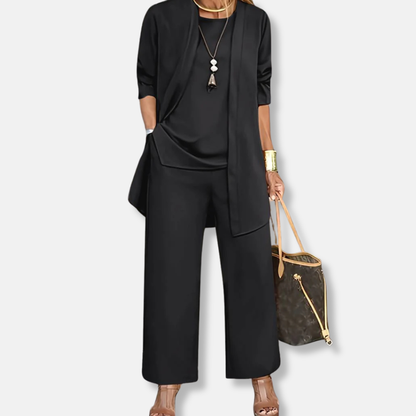 Women's Draped Jacket and Wide-Leg Trousers Set - Jersey - Relaxed Silhouette