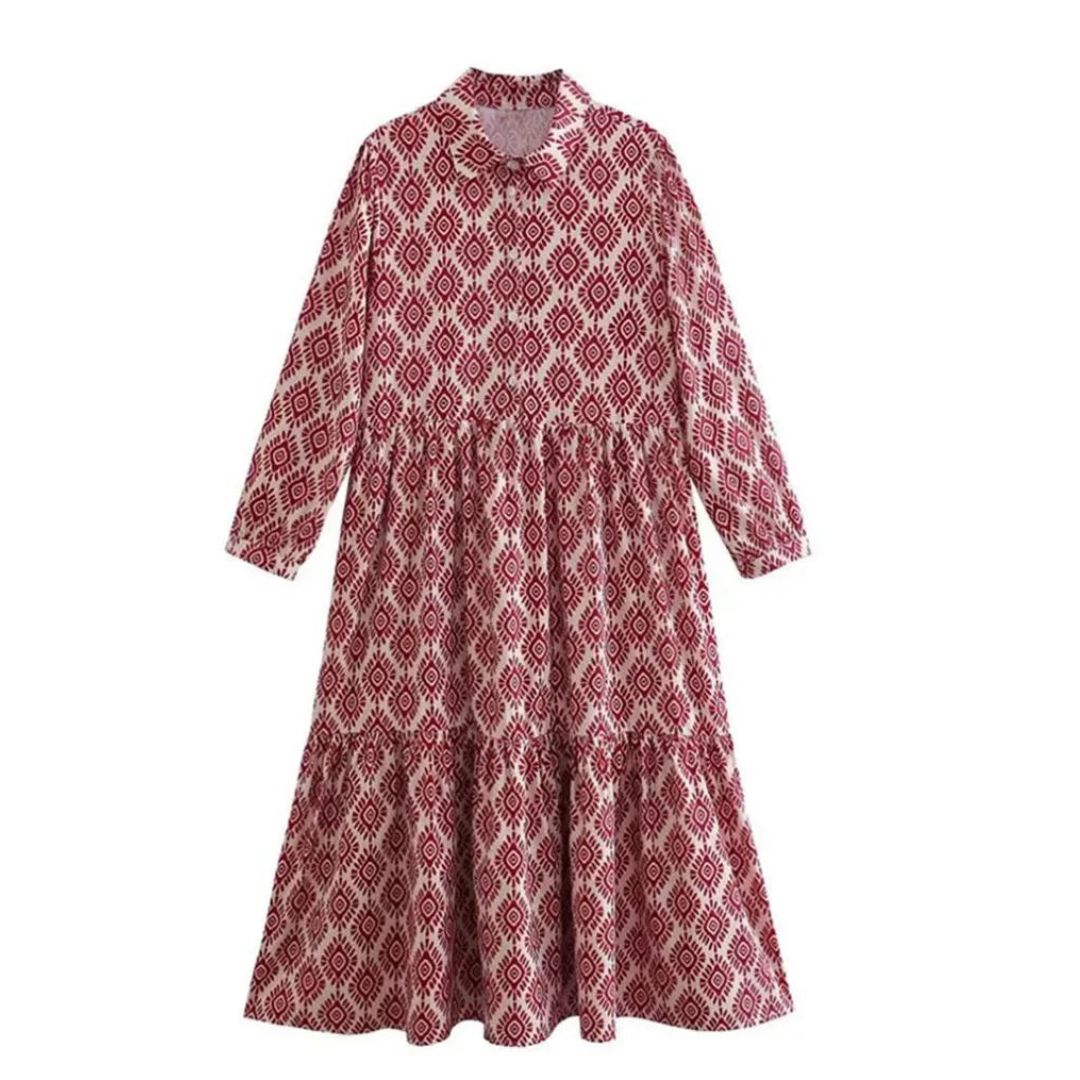 Women’s Midi Dress – Relaxed Fit – Tiered Silhouette – Geometric Print – Cotton Feel
