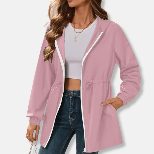 Women's Raincoat Jacket – Waterproof Hooded – Adjustable Waist – Mid-Thigh Length