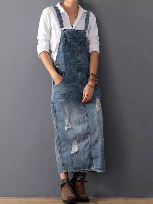 Women’s Denim Dress – Relaxed Fit – Midi Length – Distressed – Adjustable Straps