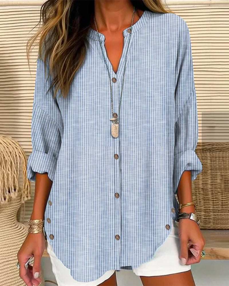 Women’s Blouse – Relaxed Fit – V-Neck Button Front – Striped – Breathable Blend