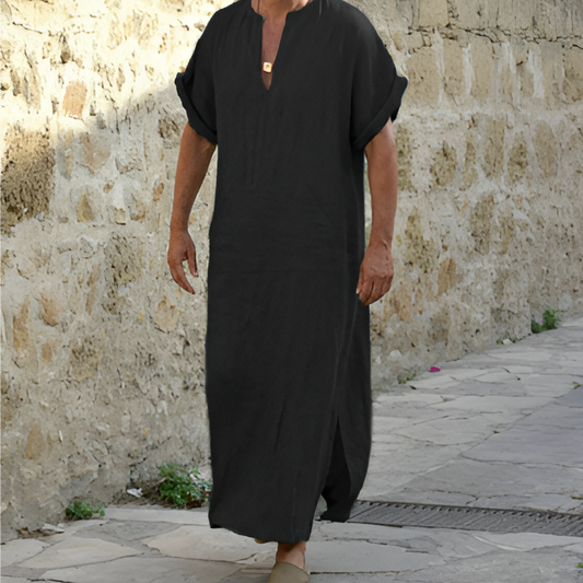 Men’s Long Shirt Dress – Relaxed Fit – Breathable Blend – V-Neck – Short Sleeve – Slit Hem