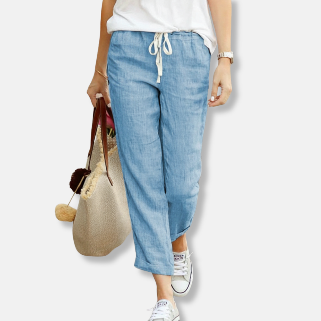 Women’s Trousers – Linen – Relaxed Fit – Drawstring Waist – Full Length Casual Wear