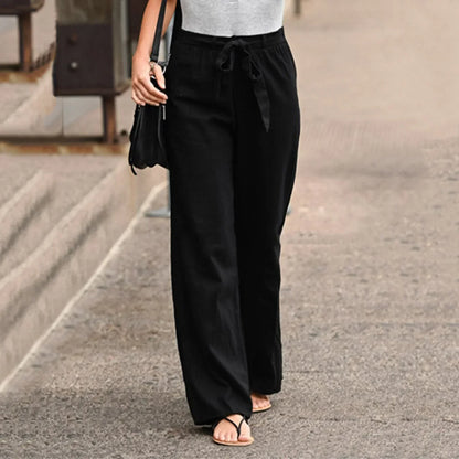 Women’s Wide-Leg Trousers – High Waist – Breathable Blend – Fabric Belt – Full Length