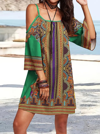 Women's Bohemian Off-Shoulder Dress - Flowy Lightweight Fabric - Casual Loose Fit