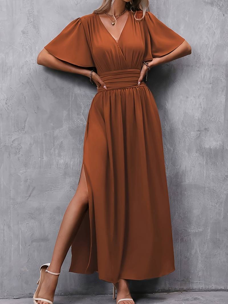 Women’s Midi Dress – Fit and Flare – Ruffled V-Neck – Pleated Waist – Side Slit
