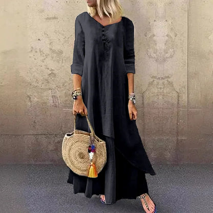 Women’s Midi Dress – Relaxed Fit – Natural Fibers – V-Neck – Layered Asymmetrical Hem