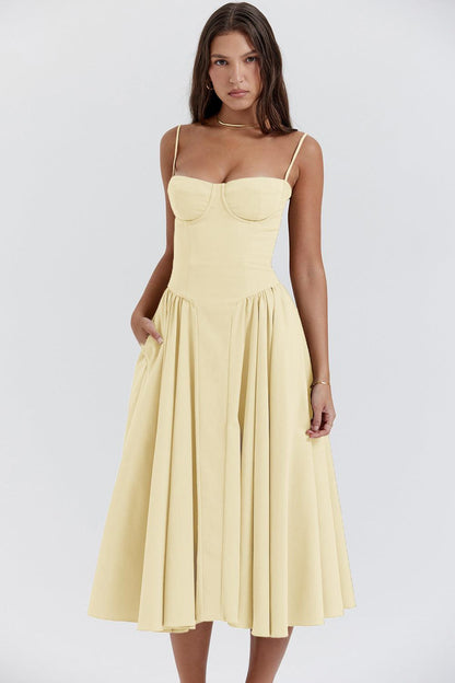 Women's Midi Dress - Sweetheart Neckline - Bustier Bodice - A-Line Flared Skirt