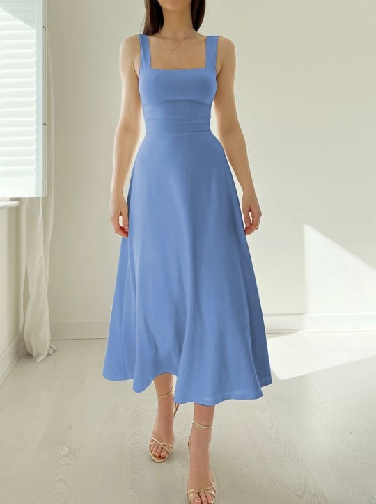 Women’s Midi Dress – A-Line Fit – Smooth Stretch Fabric – Square Neck – Broad Straps