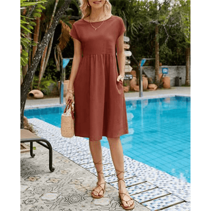 Women's Midi Dress - A-Line Silhouette - Short Sleeve - Crew Neck - Lightweight Fabric