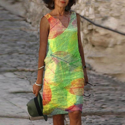 Women’s Knee-Length Dress – Breathable Blend – Relaxed Fit – Sleeveless V-Neck Leaf Print